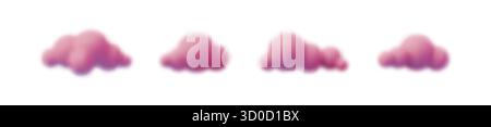 Pinkfarbene, flauschige 3D-Wolken, isoliert auf weißem Hintergrund. Weiche, traumhafte Formen in Pastellfarben, niedliche Elemente aus Baumwolle. Digitale Vektorabbildung für Stock Vektor