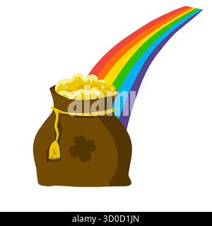 Vektor-Illustration der Geldtasche mit Kobold-Münzen für St. Patrick's Day, mit vierblättrigem Glücksklever und Regenbogen Stock Vektor