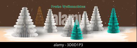 Neue Wabenbäume in cremefarbenem und petrolblauem Design gruppieren sich wie ein Wald. Deutscher Text: Frohe Weihnachten. Echter Schneefall. Stock Vektor