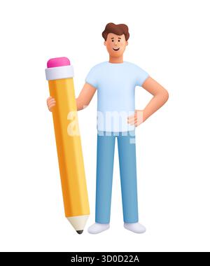 Groß, Symbol, Bildung, Zeichen, Content Manager, halten, 3D, Zeichen, realistisch, Zeichnen, Stift, Schreibwaren, riesig, Kreativität, Pose, Arbeit, Journalist, stu Stock Vektor