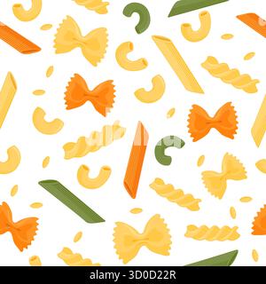 Nahtloses Nudelmuster. Verschiedene Nudelsorten. Hintergrund mit verschiedenen Nudeln. Farfalle, Penne, Spaghetti, Makkaroni, Orzo und Fusilli. Stock Vektor