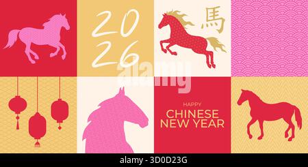 Festliches Banner Chinesisches Neujahr 2026 mit Pferdesilhouetten, Laternen und Mustern. Das Jahr des Pferdes Hintergrund. Vektorabbildung Stock Vektor