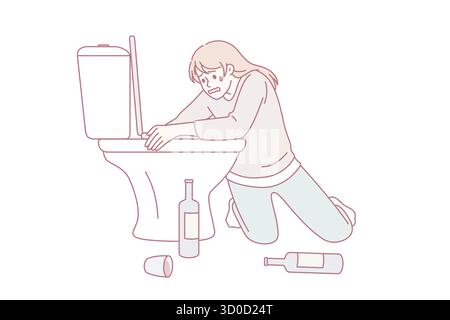 Kater nach Party-Konzept. Junge Frau Zeichentrickfigur auf Knien sitzend umarmt Toilette mit Flaschen Wein auf dem Boden stehend Gefühl krank Vektor-Illustration Stock Vektor