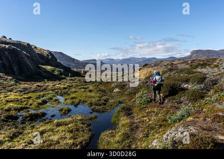 Wanderer auf dem Arctic Circle Trail, Sisimiut District, Grönland Stockfoto