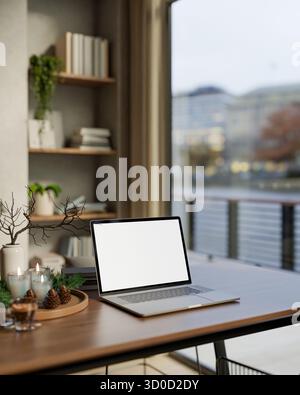 Laptop mit leerem Bildschirm und Kaffee, Holztablett mit Kerzen und Tannenzapfen auf dem Tisch im Wohnzimmer. Weihnachtsfeier, 3D-Rendering, 3D-Illustration. Stockfoto
