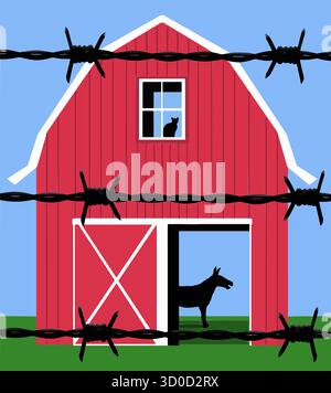 Eine einfache grafische Darstellung eines Bauernhofes mit einem Maultier und einer Scheunenkatze ist hinter Stacheldrahtzaun in dieser Abbildung zu sehen. Stock Vektor