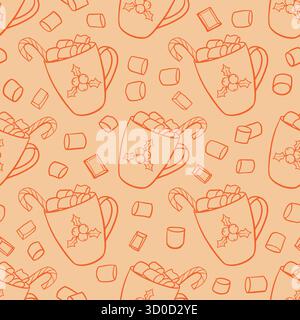 Weihnachtskakao mit Marshmallows-Muster. Heißes Schokoladengetränk, Hintergrund wiederholen. Winter Saison Süßgetränk Doodle Illustration Stock Vektor