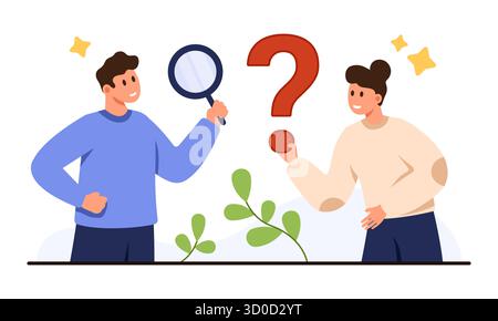 Zwei Personen, die mit Vergrößerungsglas und Fragezeichen zusammenarbeiten und Teamarbeit, Analysen, Forschung und Problemlösung repräsentieren. isoliert auf weißem Hintergrund Vektorillustration Stock Vektor