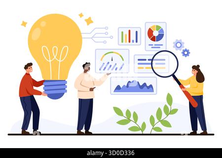 Geschäftsteam analysiert Diagramme, Diagramme und Statistiken mit Lupe und Glühbirne und stellt Datenanalysen, Teamwork und Innovation auf weißem Hintergrund dar Stock Vektor