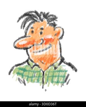 Verspieltes, farbenfrohes Skizzenporträt eines lächelnden Mannes im Stile eines Buntstifts. Handgezeichnete strukturierte Illustration, geeignet für Grußkarten Waren Avatare Stock Vektor