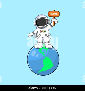 Astronaut auf dem Planeten Erde hält Hauszeichen Vektor Illustration Cartoon Design Stock Vektor