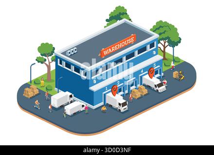 Isometrisches Lager mit Lkw, Gabelstaplern, Arbeitern und Kisten auf Paletten. Ladedocks. Positionszeiger über Fahrzeugen. Frachtumschlag. Stock Vektor