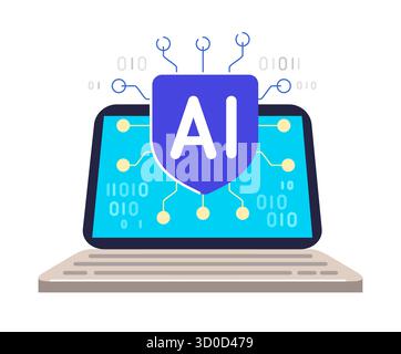 KI-Technologiekonzept. Künstliche Intelligenz-Assistent auf Laptop-Bildschirm. CPU-Mikrochip. Vektorabbildung Stock Vektor