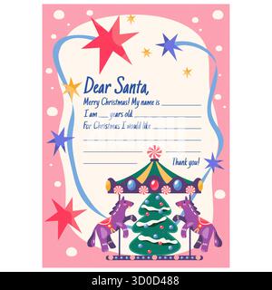 Vektor-Weihnachtsbrief an den lieben Weihnachtsmann. Kinder- oder Kinderpost für Neujahr oder Weihnachtswunsch. Saisonaler Hintergrund der Wundergeschichte oder Schreibvorlage für Dezember. Mitteilung der Kinder. Nachricht für Winterferien. Stock Vektor