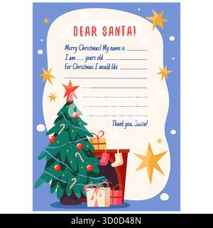 Vorlage für Weihnachtsmann-Briefe. Vektor-Weihnachtspost oder Kinderwunschliste. Weihnachtsgrüße und festliche Botschaft an den Nordpol. Winter Frohe Weihnachten Schreiben. Papierseite mit Geschenk- oder Geschenkwunsch. Wundert Euch. Stock Vektor