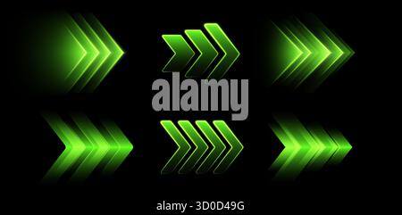 Leuchtende grüne Pfeile, dynamische leuchtende Zeiger, schnelles Bewegungskonzept. Stock Vektor