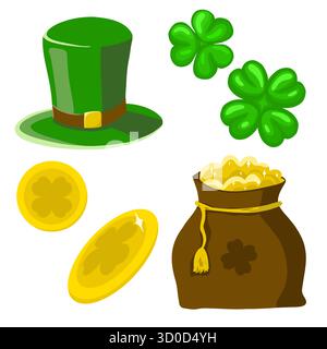 Satz von Vektorillustrationen für St. Patrick's Day, irische Kultur, Glücksmünze, Kobold Hut, Tasche mit Goldmünzen, Klee Stock Vektor