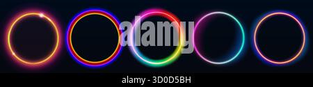 Leuchtende, kreisförmige Halo-Rahmen mit leuchtenden Regenbogenverläufen für futuristisches UI- oder Cyberpunk-Design. Farbenfrohe Ringlichtränder auf dunklem Hintergrund mit elektrischem Leuchten. Elemente des digitalen Portals Stock Vektor