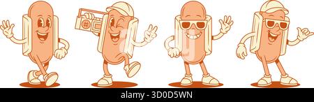 Fröhliche Hot Dog Zeichentrickfigur lächelnder Satz konturierter Vektor flache Illustration. Fröhliches positives Fast Food mit Würstchen und Brotmaskottchen Retro-Musik Stock Vektor