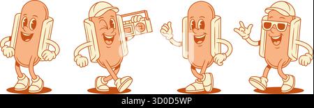 Lustige coole Hot Dog Zeichentrickfigur Maskottchen Set konturierte Vektor flache Illustration. Fröhliches, lächelndes Fast Food mit Wurstbrot und Retro-Musik p Stock Vektor