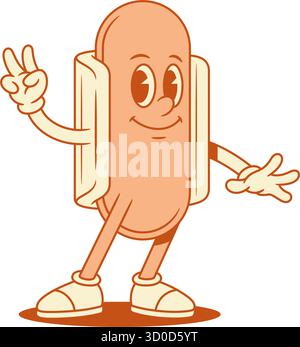 Fröhliche nette Hot Dog Zeichentrickfigur Frieden Geste konturierte Vektor flache Illustration. Lächelnder Comic, entzückendes Fast Food mit Wurst und Brotmasken Stock Vektor