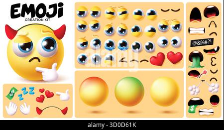 Emoji verwirrte das Clipart-Set des Creation Kit. Bearbeitbare Clip-Art des Emoji-Creation-Sets wie Kopf, Mund, Auge, Hand und Herz-Symbol-Kollektion mit Teufel Stock Vektor