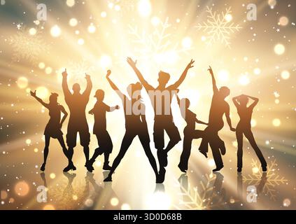 Hintergrund der Weihnachtsfeier mit Silhouetten von Menschen, die auf einem Bokeh-Lichterdesign tanzen Stock Vektor