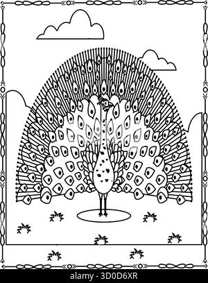 Niedliche Pfau-Umrisszeichnung für Malbuch, Seite für Kinder und Erwachsene. Stock Vektor