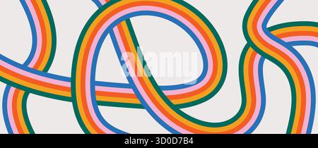 Abstrakter, grooviger Hintergrund mit geschwungenen Regenbogenstreifen. Trendige bunte Panoramaschablone im Retro-Stil der 60-70er Jahre für Designbanner und Werbung Stock Vektor