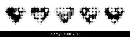 Halbtonherzen isoliert auf weißem Hintergrund. Vektor-Illustration von monochromen schwarz gepunkteten Liebeszeichen mit körniger Textur, trendigen geometrischen Pop-Art-Symbolen, Audio-Equalizer-Pulseffekt Stock Vektor