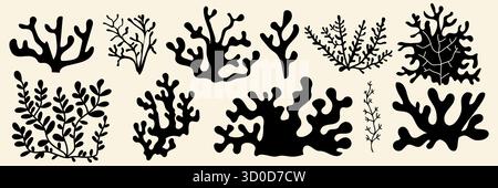 Schwarze Algen-Silhouetten isoliert auf weißem Hintergrund. Flache Vektor-Illustration von Korallensymbolen, abstrakten organischen Pflanzen, Unterwasser florale Schatten für moderne Marine Design Muster, Meer Natur Stock Vektor