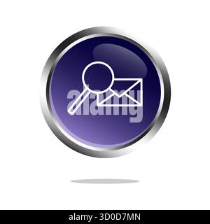 Symbol für E-Mail-Suche. Vergrößerungsglas Vektorsymbol. Schaltfläche "Nachrichtenumschlag". Glänzend, violett, rund. Stock Vektor