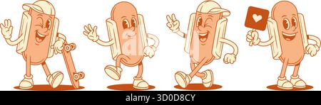 Funky nette Hot Dog Zeichentrickfigur Satz konturierte Vektor flache Illustration. Lächelndes Fastfood mit Wurst und Brot Maskottchen Teenager mit Schlittschuh Stock Vektor