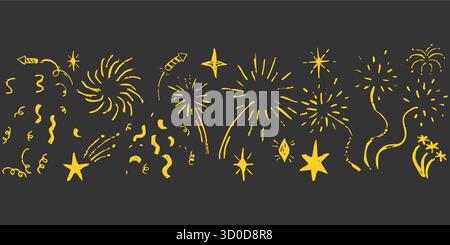 Feuerwerk Border gelb Kreide Hand gezeichneter Stern blinkend, Feuerwerk, Glitzersilhouette und leuchtende Symbole im Skizzenstil. Doodle-Rand, nahtlose Trennlinie. Konfetti Grunge einfache Dekoration. Vektorabbildung Stock Vektor