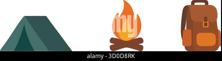 Auf einem schmalen Banner werden die wichtigsten Outdoor-Dinge präsentiert, darunter ein Zeltzelt, ein brennendes Lagerfeuer und ein Rucksack Stock Vektor