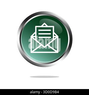 Symbol „Brief öffnen“. Grüne metallische Oberfläche. Symbol für Korrespondenznachricht. Vektor-E-Mail-Element. Stock Vektor