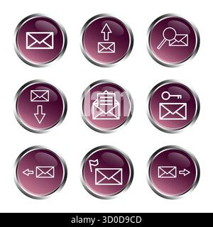 E-Mail-Symbole festgelegt. Symbole für Vektornachrichten. Sammlung von Kommunikationspiktogrammen. Violette, glänzende Tasten. Stock Vektor