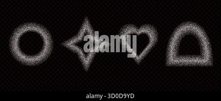 Salt geometrische Formen Rahmenset. Körniges Rauschen strukturierter weißer Zuckerpulverrand in runden, Bogen- und Herzformen. Mehlpulverelemente. Vektoraufruf Stock Vektor