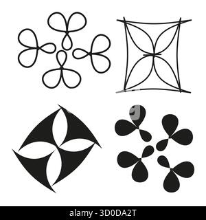 Abstrakte geometrische Formen. Dekorative Linienmuster. Vektor mit vier Elementen. Schwarzweißes Grafikset. EPS 10. Stock Vektor