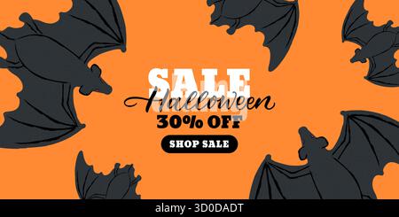 Halloween horizontaler orangefarbener Bannerrahmen mit schwarzen Wasserfarben fliegenden Fledermäusen. Vektorabbildung. Gruseliges Hintergrunddesign für Partyposter, Invi Stock Vektor