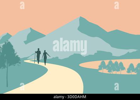 In dieser 3-d-Abbildung sehen wir einen Mann und eine Frau, die in den Ausläufern der Berge einen Wanderweg entlang wandern. Stock Vektor