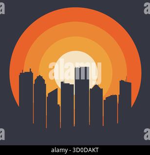 Eine Skyline der Stadt ist vor einem grafischen Kreisuntergang zu sehen. Stock Vektor