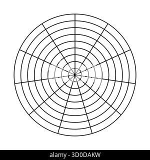 Leeres Polar Graph-Papier. Schwarzes Kreisdiagramm der Balance des Lebensstils. Polares Raster aus 11 Segmenten und 8 konzentrischen Kreisen. Lebensrad. Coaching-Tool Stock Vektor