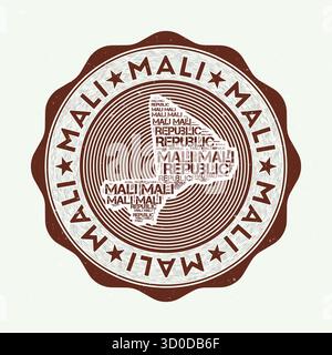 Mali-Dichtung. Country Round Logo mit der Form von Mali und seinem Namen wiederholt in einer Wortwolke. Erstaunliches Emblem. Fantastische Vektor-Illustration. Stock Vektor