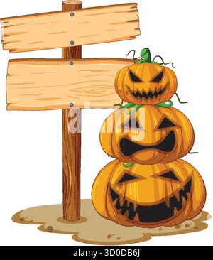 Drei gestapelte Cartoon Jack-oâ-Laterne Kürbisse neben einem leeren Holzschild, kühne Vektorillustration. Stock Vektor