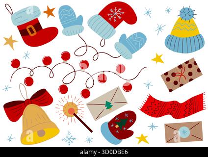 Weihnachtsgeschenke, Winterbekleidung. Satz flacher Illustrationen. Design für Postkarten, Flyer, Banner und Innenarchitektur. Abzeichen, Schilder, Sticker Pins Stock Vektor