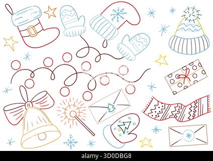 Weihnachtsgeschenke, Winterbekleidung. Satz handgezeichneter Illustrationen. Handgezeichneter, farbiger Umriss. Design zum Ausmalen von Seiten, Postkarten. Abzeichen, Pins Stock Vektor