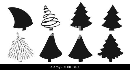 Tannen, Weihnachtsbäume. Set handgezeichneter Silhouetten. Entwurf von Rätseln und pädagogischen Aktivitäten für Kinder. Symbole Stock Vektor