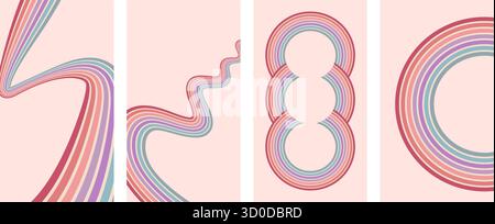 Groovige Regenbogenkreise und -Streifen. Linien pinkfarbene Story Hintergründe gesetzt. Cover in Vintage-Farben mit gewellten Bogenstreifen für Social Media-Sammlungen. Verspielte Welle Stock Vektor