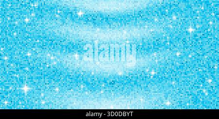 Blaues Poolwasser mit weißem Spiegelglitzer im Hintergrund. Mosaik mit glänzender Disco-Kugel. Glänzendes aquamarinfarbenes Muster. Festliche, modische Schwimmbadeinrichtung Stock Vektor